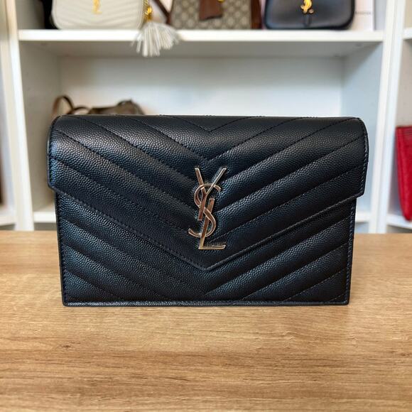 Saint Laurent YSL Grain De Poudre Matelasse Chevron Envelope Chain Wallet Black - Picture 2 of 13